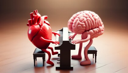 A heart and brain, with emotion and meticulousness, play a piano duet.