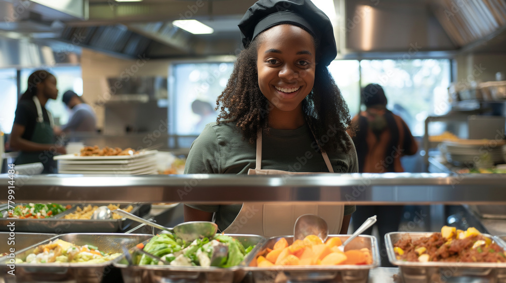 Poster a student cafeteria worker smiling as they serve food, behind a counter filled with an array of dish