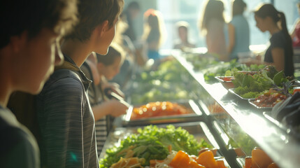 Students queuing up with their trays in front of a colorful salad bar, choosing from a variety of fresh ingredients. The light from the canteen windows casts gentle shadows, making