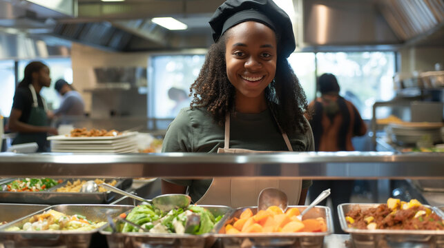 A student cafeteria worker smiling as they serve food, behind a counter filled with an array of dishes. The natural light shines on the service area, highlighting the friendly inte