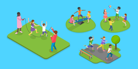 3D Isometric Flat Vector Illustration of Children Playing Outside, Active Healthy Childhood - 779914600
