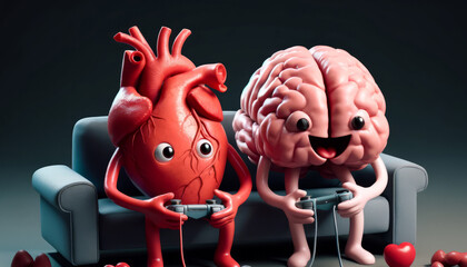 A heart and brain playing video games, focusing on strategy and enjoyment.