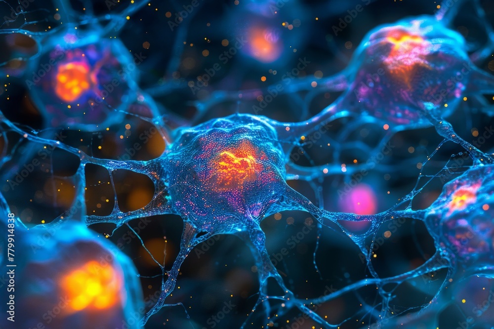 Poster a close-up of brain cells with neon lighting, illustrating the complex network of neural connections