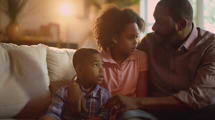 Obraz premium A family sitting on a couch, with a parent gently placing an arm around their child, listening attentively to the child's school experiences. The room is filled with soft, natural