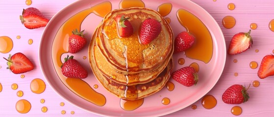 Stack of pancakes with syrup and strawberries on a pink plate, pink background. Food photography with copy space. Breakfast and dessert concept for design and print. Flat lay composition - Powered by Adobe