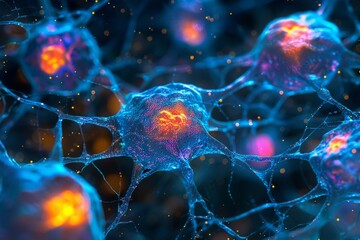 A close-up of brain cells with neon lighting, illustrating the complex network of neural connections.