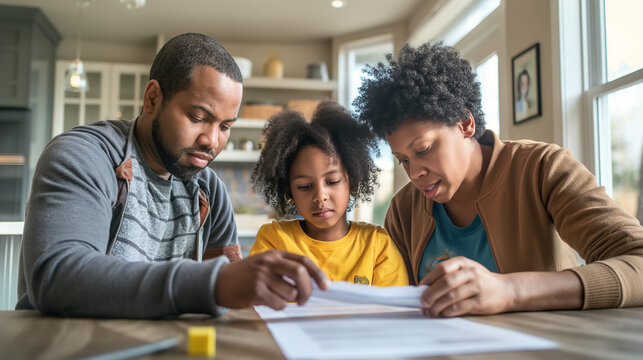 A mother and father sitting on either side of their child at the kitchen table, offering encouragement as the child looks at a report card. The natural light from the kitchen windo
