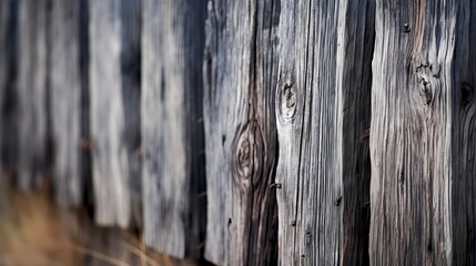 A close-up of a rough-hewn wooden fence, weathered by years of exposure to the elements