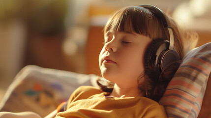 A child wearing headphones participates in a music therapy session guided by the psychologist. The room's natural light creates a focused, serene setting for the therapeutic activi - obrazy, fototapety, plakaty