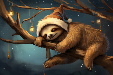A sleepy sloth wearing a nightcap, hanging from a branch. - obrazy, fototapety, plakaty