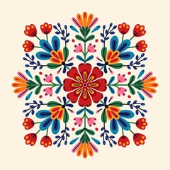 Traditional Polish folk ornament with symmetrical pattern of colorful simple flowers and leaves. Floral motifs. Flat design for textile printing, decor, packaging, cards. Isolated illustration