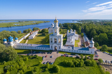Top view of the ancient St. George's Monastery on a sunny June day. Veliky Novgorod, Russia - 779915076