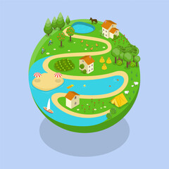 3D Isometric Flat Vector Illustration of Globe With Summertine, Farmland Landscapes - 779915222