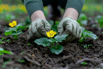 Close-up of hands planting yellow flowers in rich garden soil.