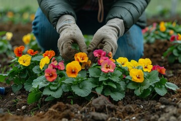 Hands planting vibrant flowers in soil, gardening outdoors.