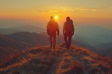 Hikers watching sunset on mountain path, warm sky, backpacks visible.
