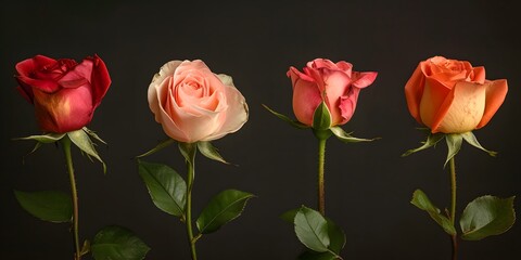 roses with different colors isolated on black background