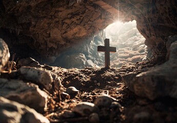 a cross in a cave - obrazy, fototapety, plakaty