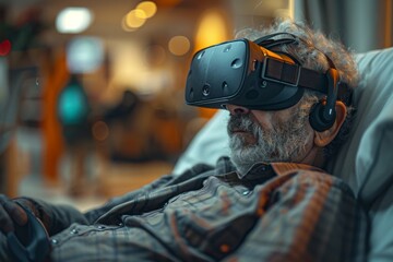 An older man relaxes with a VR headset, absorbed in virtual content.
