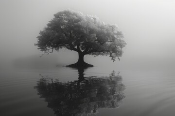 A solitary tree mirrored in calm waters, shrouded in mist, exudes a sense of silent reflection.