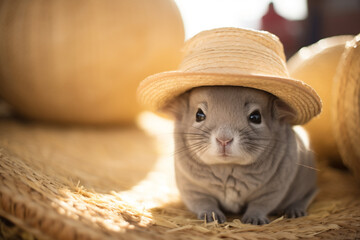 A small chinchilla wearing a sun hat, sitting on a pile of hay.