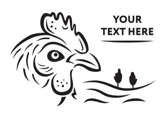 Drawing of a rooster or hen head with landscape elements and space for copy.