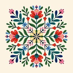 Traditional Polish folk ornament with symmetrical pattern of colorful flowers and leaves. Floral motifs. Flat design for textile printing, decor, packaging, cards. Isolated illustration