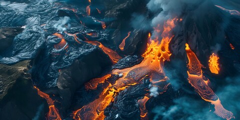 aerial view of magma or lava from a volcano - obrazy, fototapety, plakaty