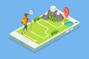 3D Isometric Flat Vector Illustration of Mountain Tourism, Hiking Trail