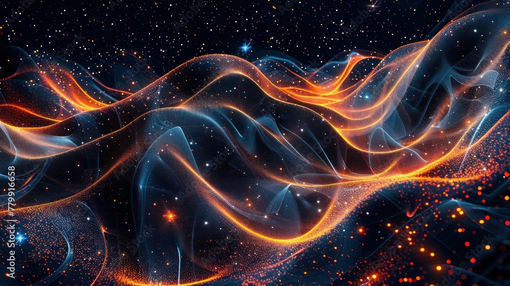 Poster high-tech background with flowing lines and stars, dark indigo and orange, data visualization.