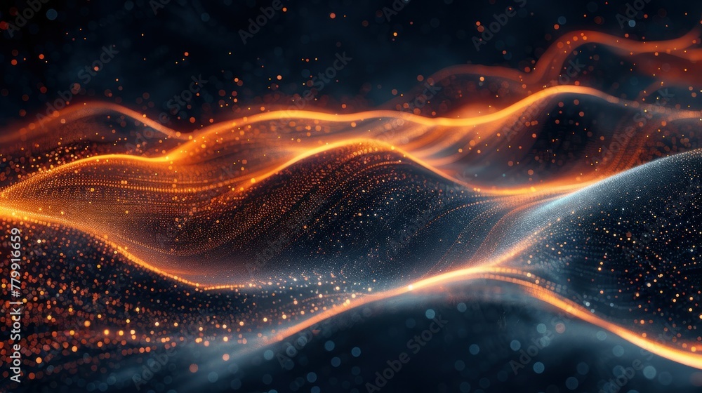 Poster high-tech background with flowing lines and stars, dark indigo and orange, data visualization.