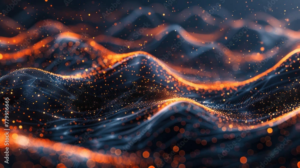 Poster high-tech background with flowing lines and stars, dark indigo and orange, data visualization.