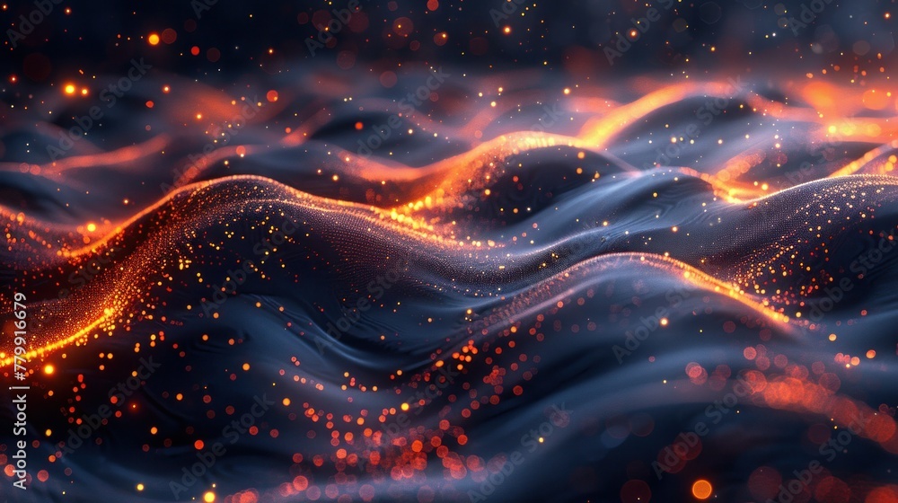 Poster high-tech background with flowing lines and stars, dark indigo and orange, data visualization.