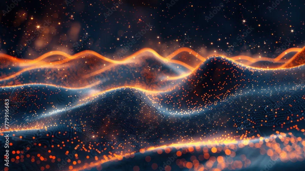 Poster high-tech background with flowing lines and stars, dark indigo and orange, data visualization.