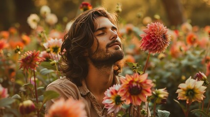 Photograph of a handsome long-haired Mexican man standing in a garden filled with dahlias. Constructivist
