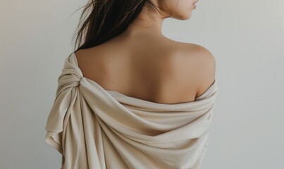 Portrait photography, elegant bare back draped in beige fabric, Tactile image of a woman's back with soft folds of a neutral-colored cloth,