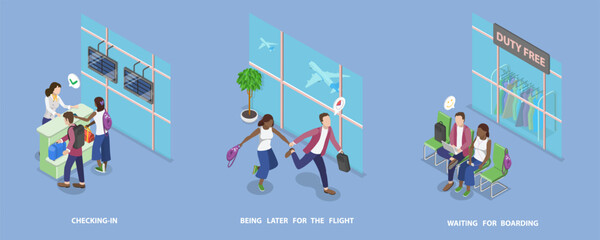 3D Isometric Flat Vector Illustration of Traveling By Plane, Holiday Trip - 779916623