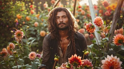 Photograph of a handsome long-haired Mexican man standing in a garden filled with dahlias. Constructivist - obrazy, fototapety, plakaty