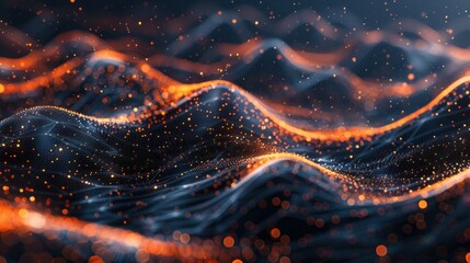 High-tech background with flowing lines and stars, Dark indigo and orange, Data visualization. - obrazy, fototapety, plakaty