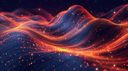 High-tech background with flowing lines and stars, Dark indigo and orange, Data visualization.