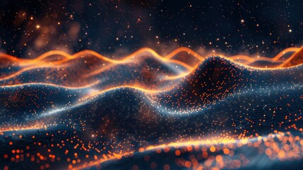 High-tech background with flowing lines and stars, Dark indigo and orange, Data visualization. - obrazy, fototapety, plakaty