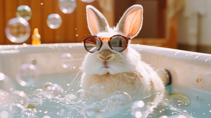 Playful White Rabbit with Glasses on Vibrant Solid Background