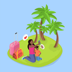 3D Isometric Flat Vector Illustration of Travel Memories, Taking Selfie on a Road Trip - 779917257