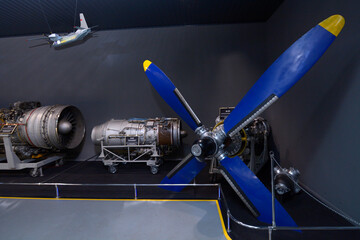 Turbojet and turboprop aircraft engines set on a stand