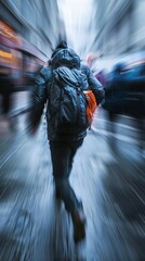 A blurry image of a man walking down the street with his backpack, AI