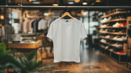A T shirt tee hanging from a hanger in a trendy store or fashion clothes shop mock up