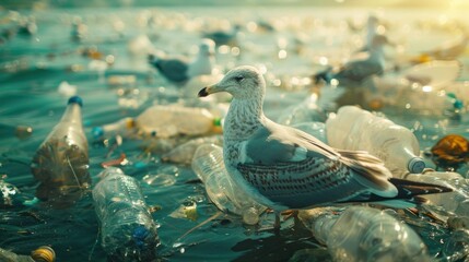 Photo: On the sea floor floating in all kinds of plastic waste. Seabird standing on a garbage bottle