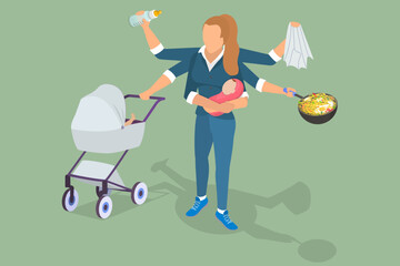 3D Isometric Flat Vector Illustration of Multitasking Mother, Busy Mom with a Bunch of Tasks - 779917832