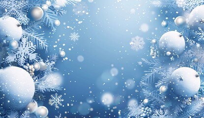 Fototapeta na wymiar a blue background with snowflakes and white balls