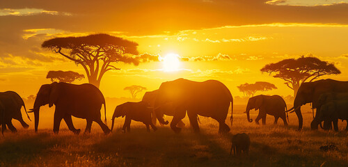 Fototapeta na wymiar An expansive savannah at golden hour, with the silhouettes of wandering elephants and acacia trees against the setting sun. 32k, full ultra hd, high resolution